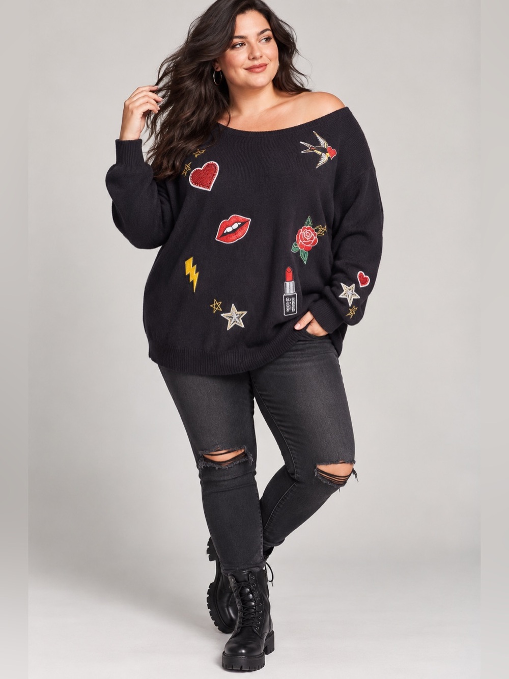 Torrid Plus Size Tattoo Patch Embroidered Cotton Slouchy Sweater Black